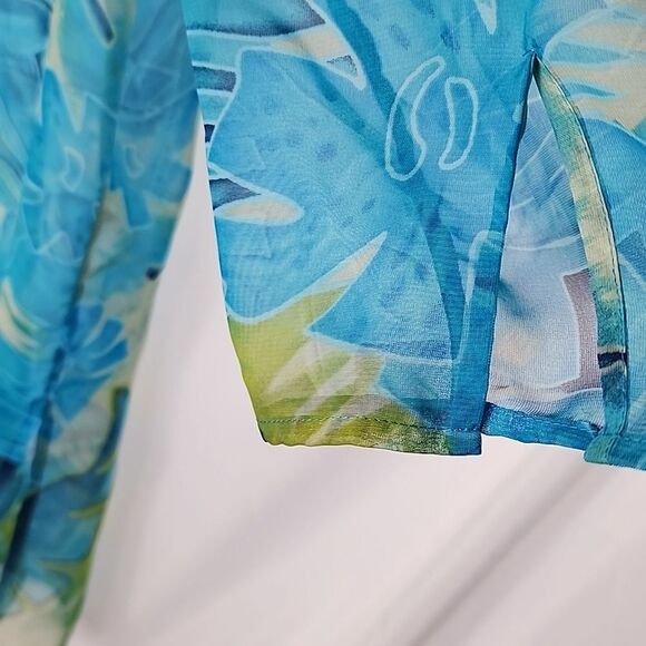 Tropical Sheer Mandarin Collar Tunic Size L Mother Of Pearl Buttons - Picture 4 of 7